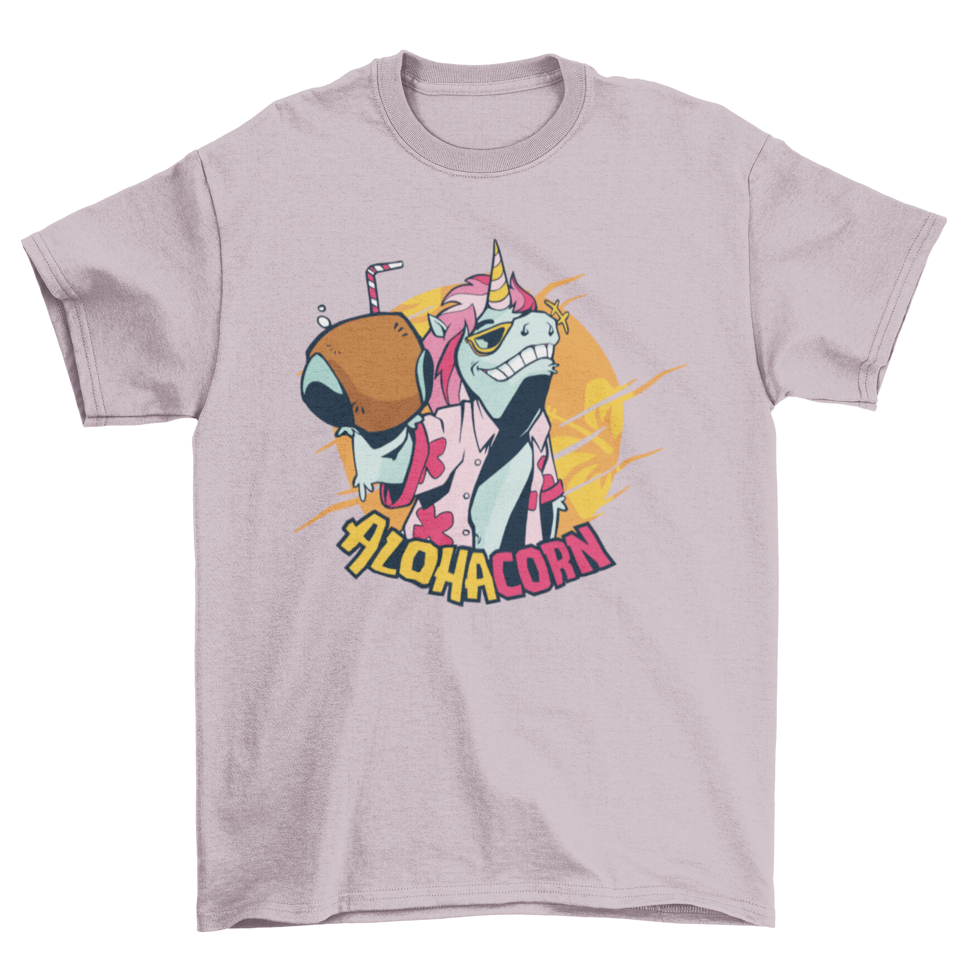 A colorful T-shirt featuring a Hawaiian unicorn design with the text 'ALOHACORN'.